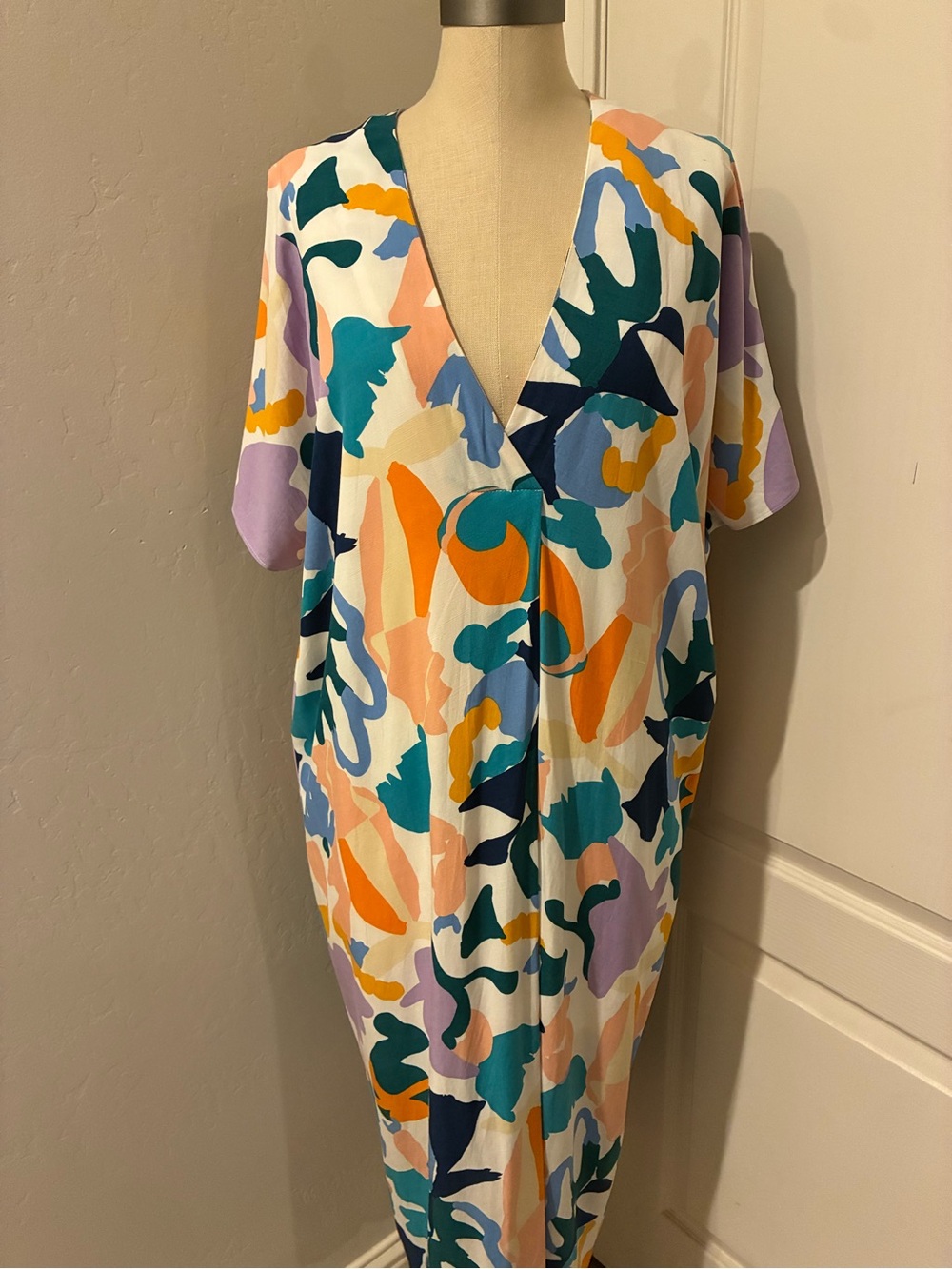 Entro Abstract V-Neck Tunic Top - Teal, Navy, Orange, Lavender, Cream #moo moo